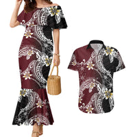 Polynesian Hawaiian Plumeria Tribal Pattern Couples Matching Mermaid Dress and Hawaiian Shirt Special Wine Red Version