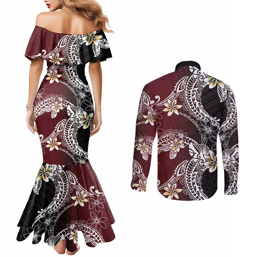 Polynesian Hawaiian Plumeria Tribal Pattern Couples Matching Mermaid Dress and Long Sleeve Button Shirt Special Wine Red Version