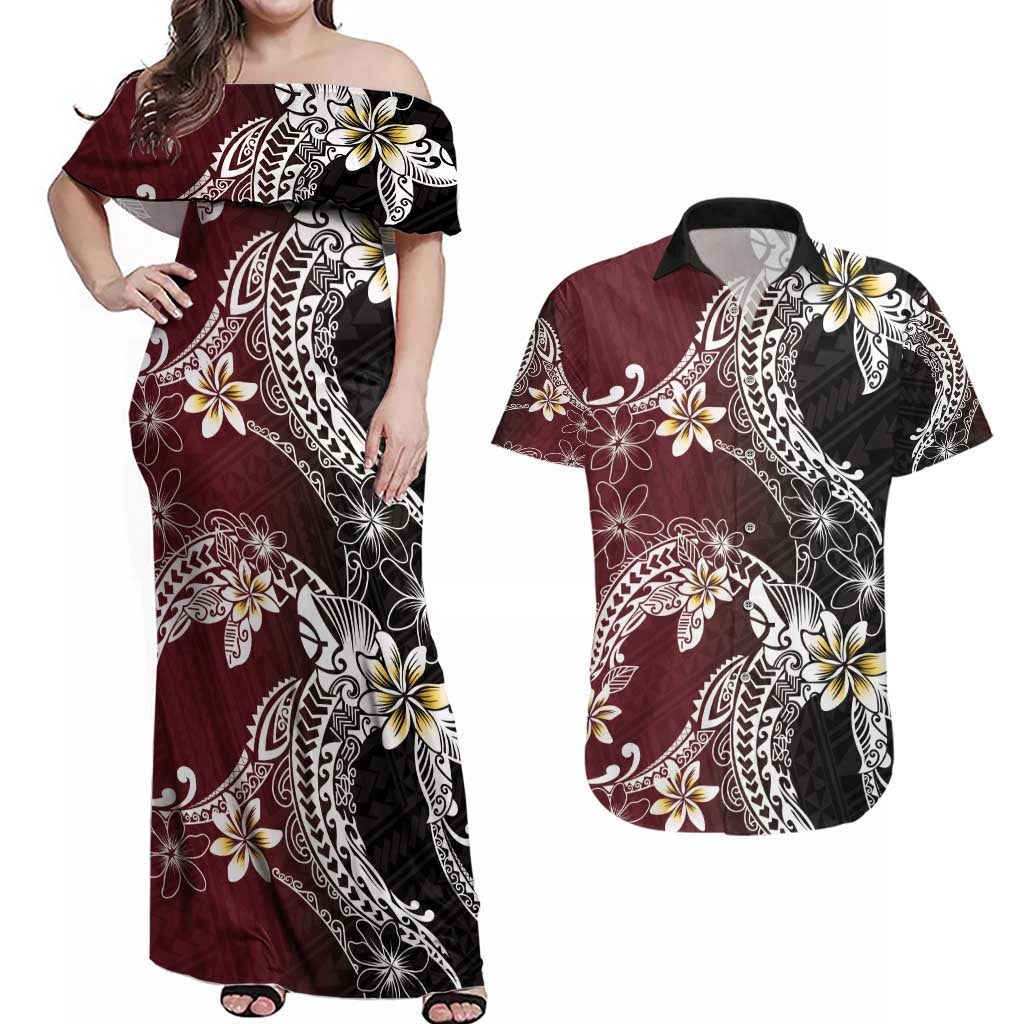 Polynesian Hawaiian Plumeria Tribal Pattern Couples Matching Off Shoulder Maxi Dress and Hawaiian Shirt Special Wine Red Version
