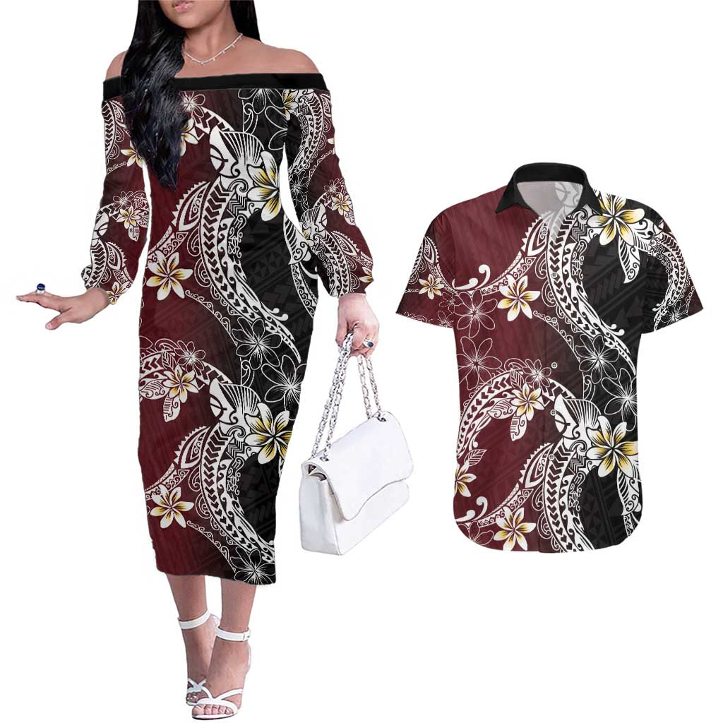 Polynesian Hawaiian Plumeria Tribal Pattern Couples Matching Off The Shoulder Long Sleeve Dress and Hawaiian Shirt Special Wine Red Version