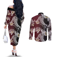 Polynesian Hawaiian Plumeria Tribal Pattern Couples Matching Off The Shoulder Long Sleeve Dress and Long Sleeve Button Shirt Special Wine Red Version
