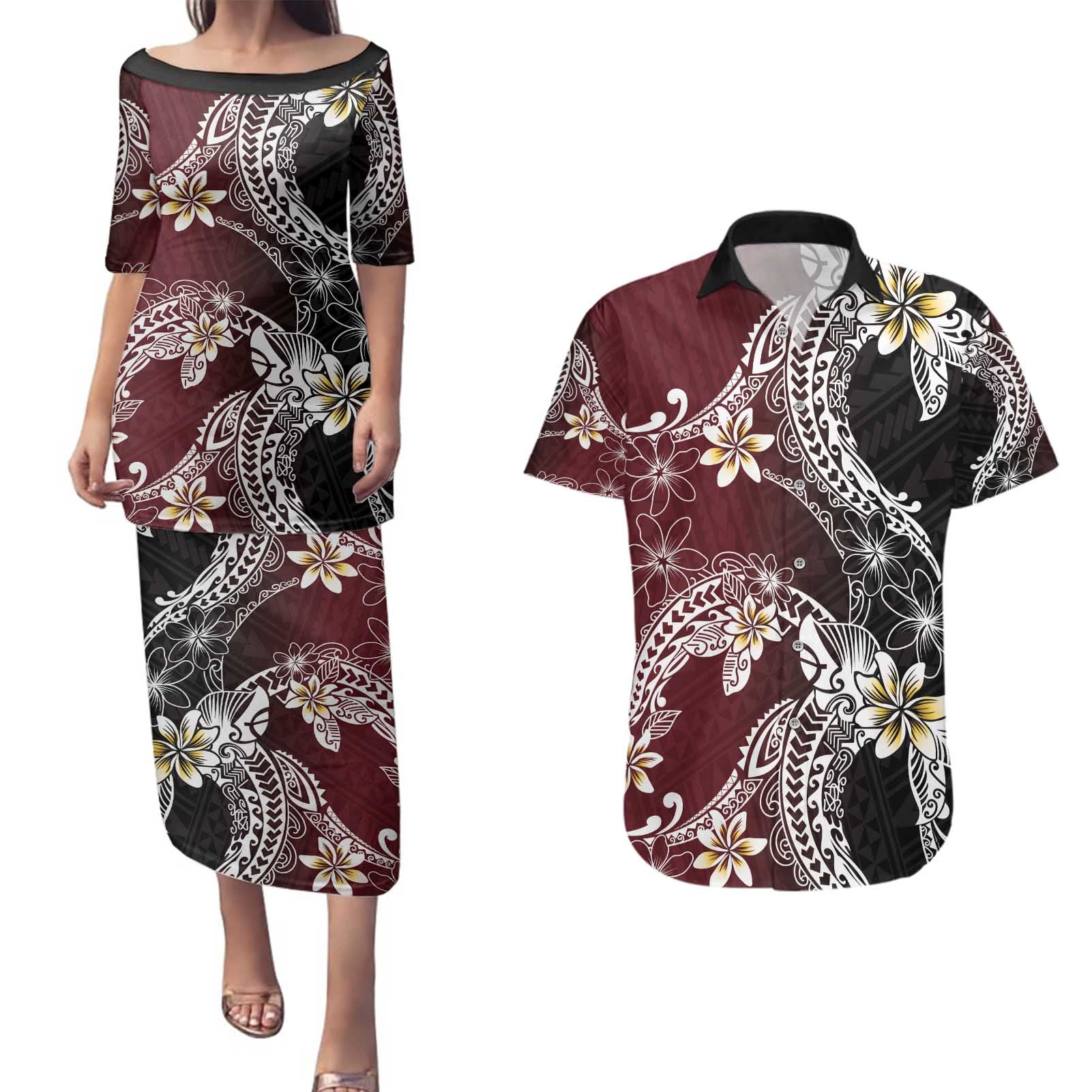 Polynesian Hawaiian Plumeria Tribal Pattern Couples Matching Puletasi and Hawaiian Shirt Special Wine Red Version