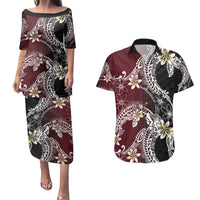 Polynesian Hawaiian Plumeria Tribal Pattern Couples Matching Puletasi and Hawaiian Shirt Special Wine Red Version