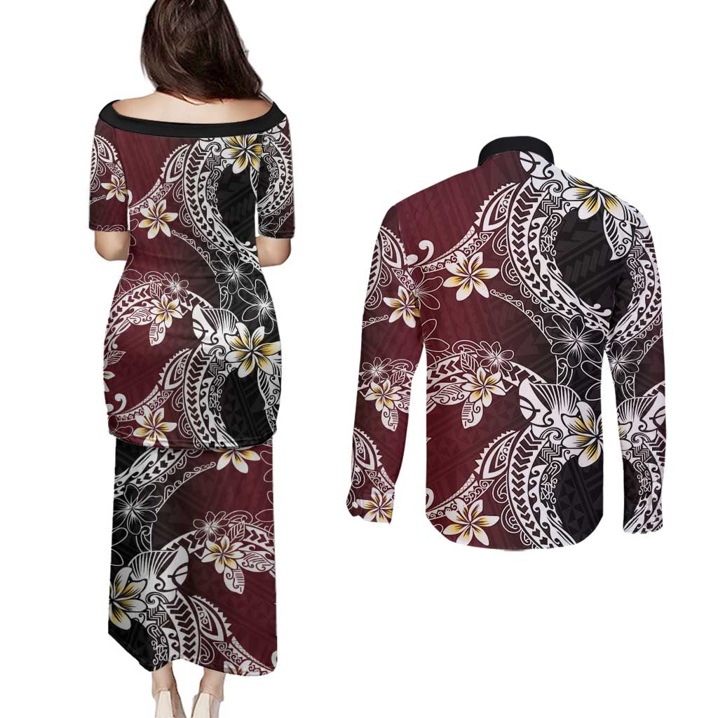 Polynesian Hawaiian Plumeria Tribal Pattern Couples Matching Puletasi and Long Sleeve Button Shirt Special Wine Red Version