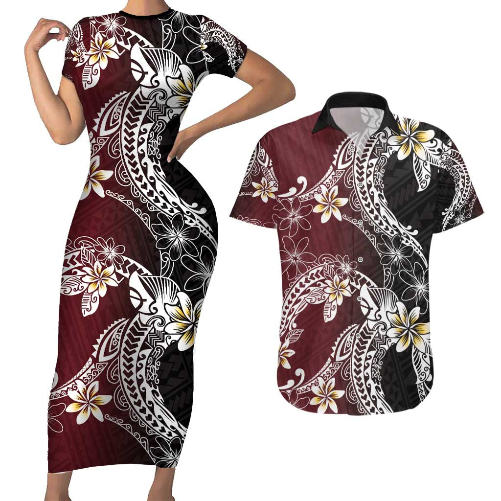 Polynesian Hawaiian Plumeria Tribal Pattern Couples Matching Short Sleeve Bodycon Dress and Hawaiian Shirt Special Wine Red Version