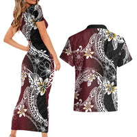 Polynesian Hawaiian Plumeria Tribal Pattern Couples Matching Short Sleeve Bodycon Dress and Hawaiian Shirt Special Wine Red Version