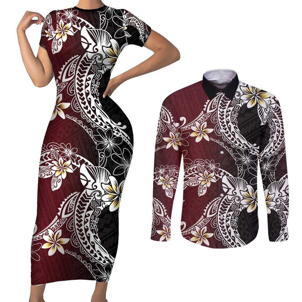 Polynesian Hawaiian Plumeria Tribal Pattern Couples Matching Short Sleeve Bodycon Dress and Long Sleeve Button Shirt Special Wine Red Version