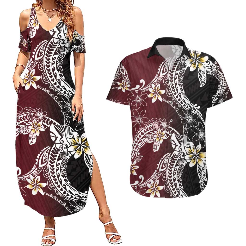 Polynesian Hawaiian Plumeria Tribal Pattern Couples Matching Summer Maxi Dress and Hawaiian Shirt Special Wine Red Version