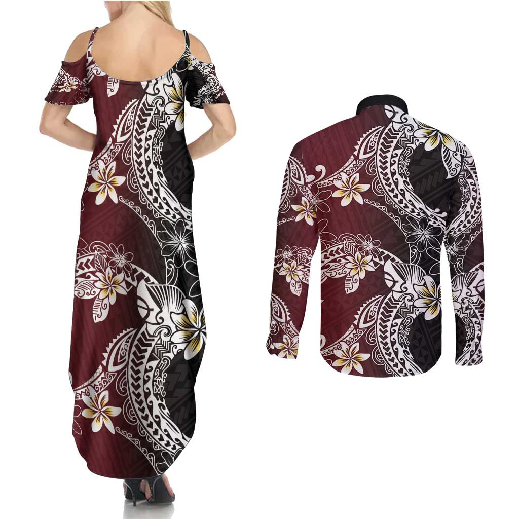 Polynesian Hawaiian Plumeria Tribal Pattern Couples Matching Summer Maxi Dress and Long Sleeve Button Shirt Special Wine Red Version