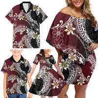 Polynesian Hawaiian Plumeria Tribal Pattern Family Matching Off Shoulder Short Dress and Hawaiian Shirt Special Wine Red Version
