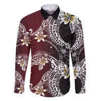 Polynesian Hawaiian Plumeria Tribal Pattern Family Matching Off Shoulder Short Dress and Hawaiian Shirt Special Wine Red Version
