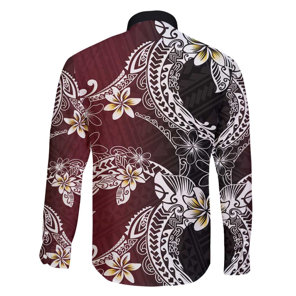 Polynesian Hawaiian Plumeria Tribal Pattern Family Matching Off Shoulder Short Dress and Hawaiian Shirt Special Wine Red Version