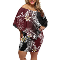 Polynesian Hawaiian Plumeria Tribal Pattern Family Matching Off Shoulder Short Dress and Hawaiian Shirt Special Wine Red Version