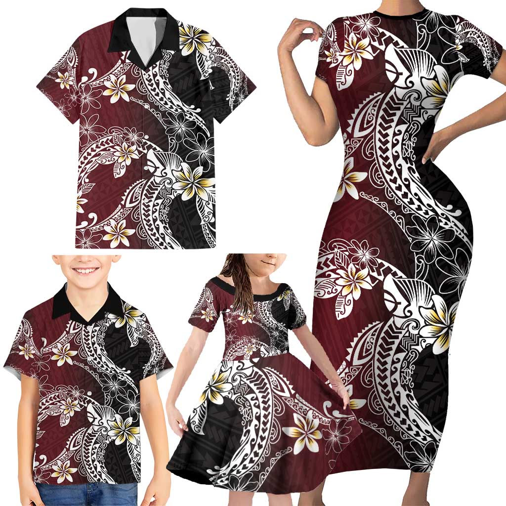 Polynesian Hawaiian Plumeria Tribal Pattern Family Matching Short Sleeve Bodycon Dress and Hawaiian Shirt Special Wine Red Version