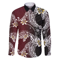Polynesian Hawaiian Plumeria Tribal Pattern Family Matching Short Sleeve Bodycon Dress and Hawaiian Shirt Special Wine Red Version