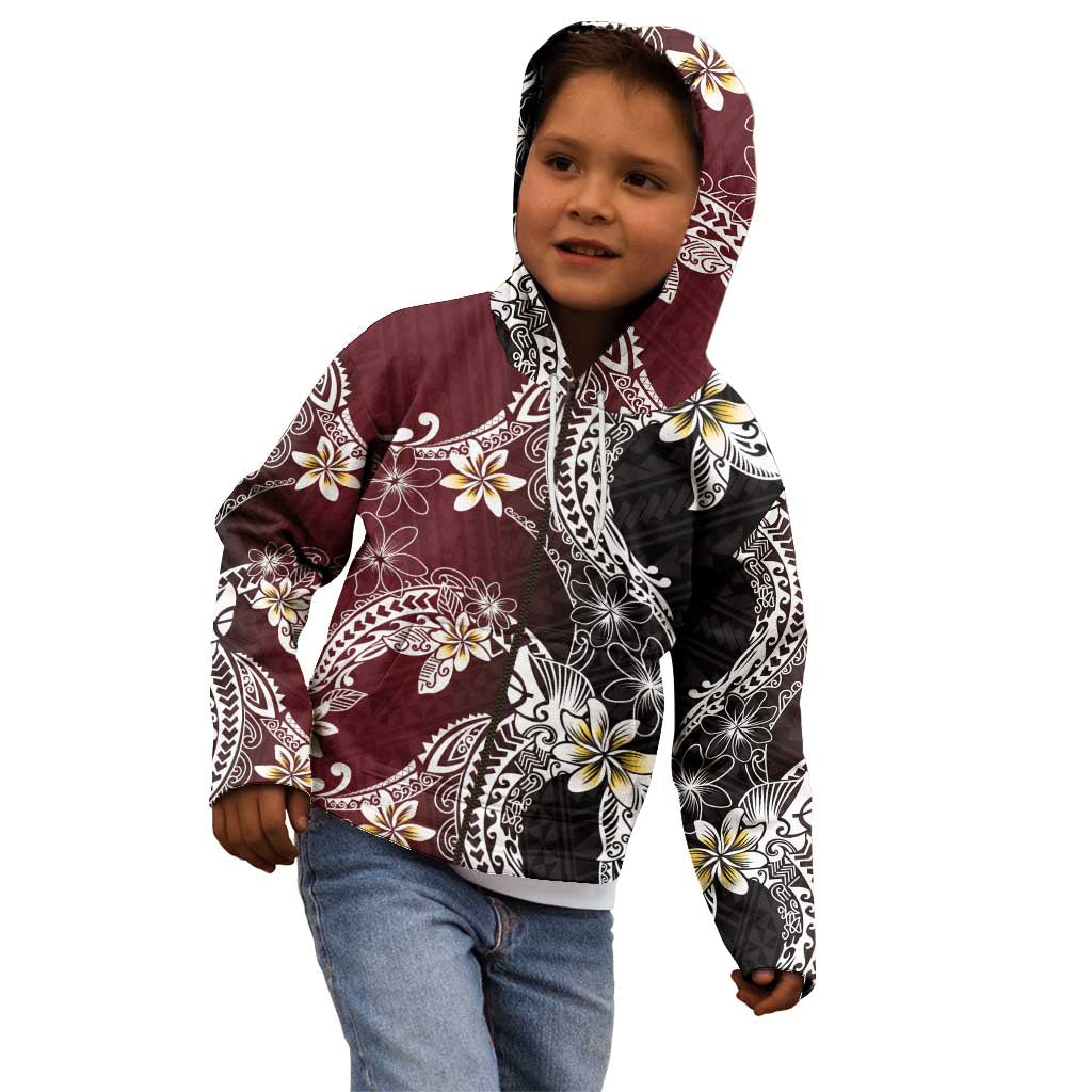 Polynesian Hawaiian Plumeria Tribal Pattern Kid Hoodie Special Wine Red Version