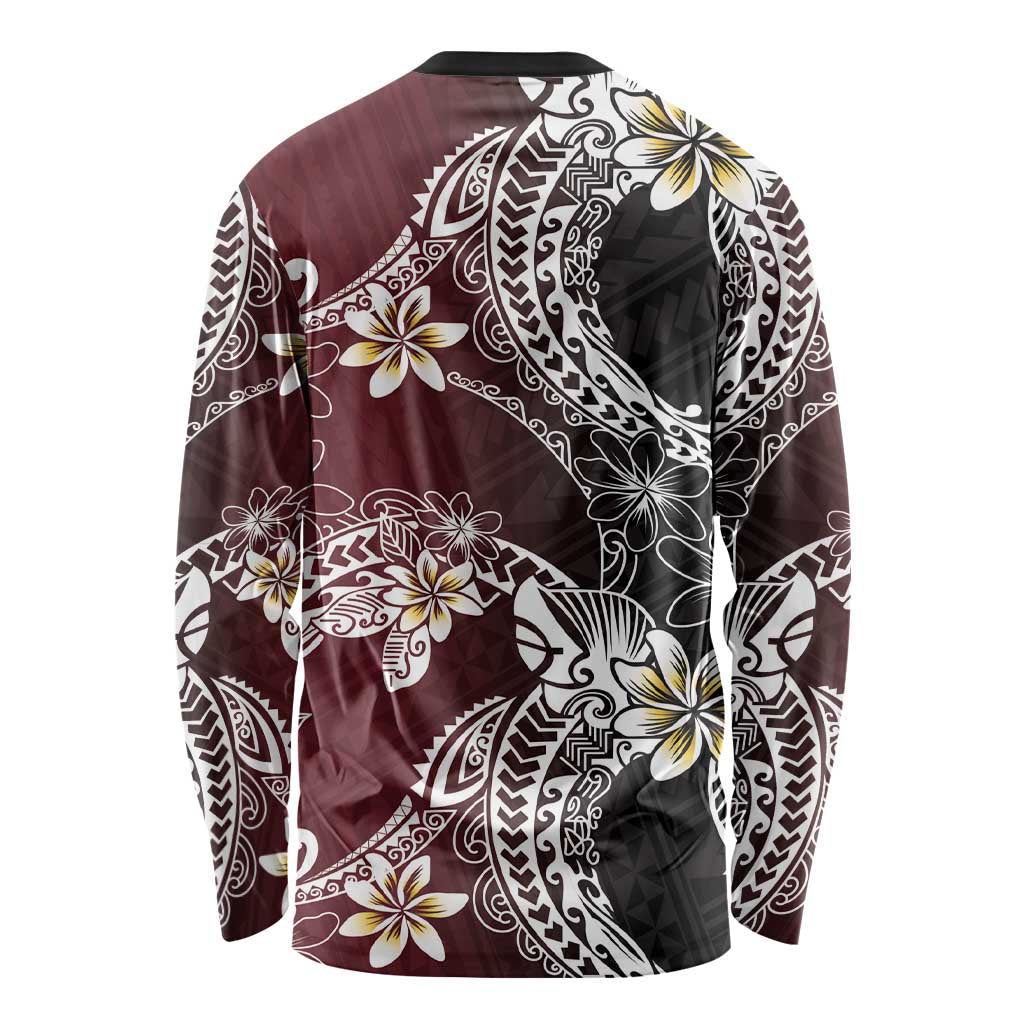 Polynesian Hawaiian Plumeria Tribal Pattern Long Sleeve Shirt Special Wine Red Version