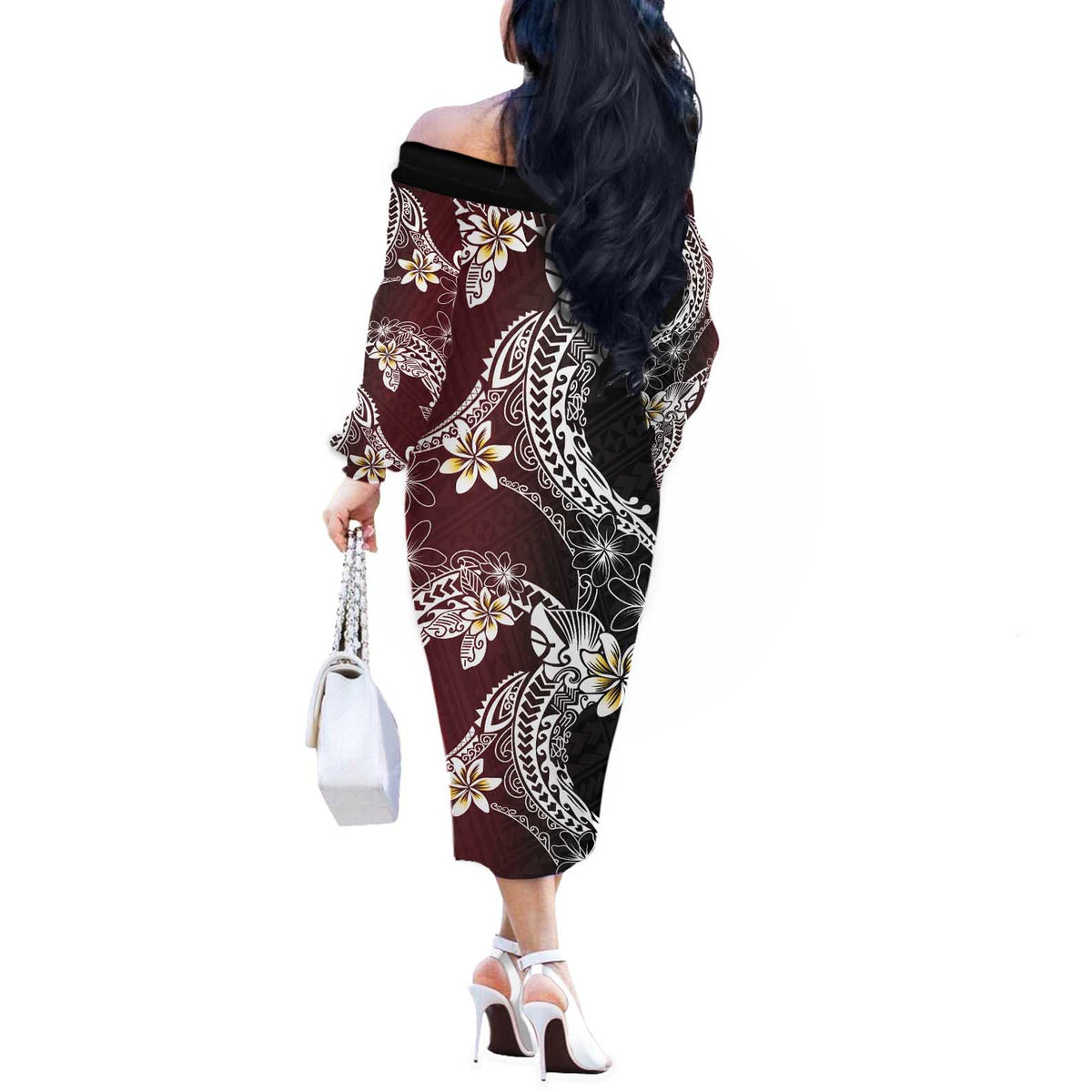 Polynesian Hawaiian Plumeria Tribal Pattern Off The Shoulder Long Sleeve Dress Special Wine Red Version LT01 - Polynesian Pride