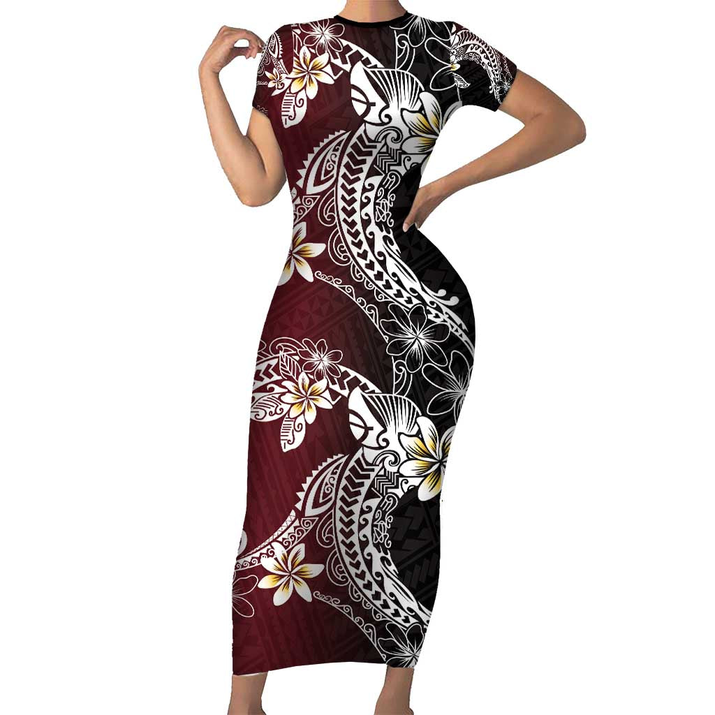 Polynesian Hawaiian Plumeria Tribal Pattern Short Sleeve Bodycon Dress Special Wine Red Version LT01 Long Dress Red - Polynesian Pride