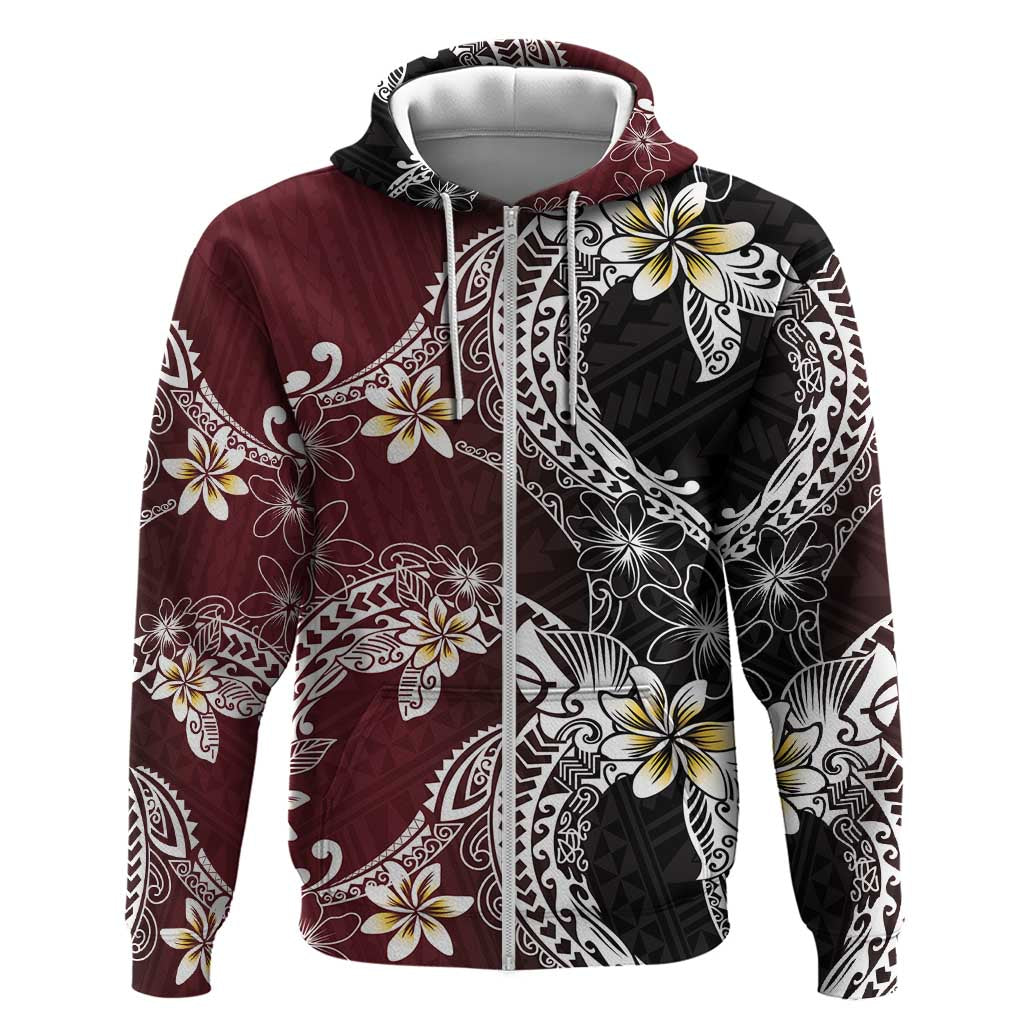 Polynesian Hawaiian Plumeria Tribal Pattern Zip Hoodie Special Wine Red Version