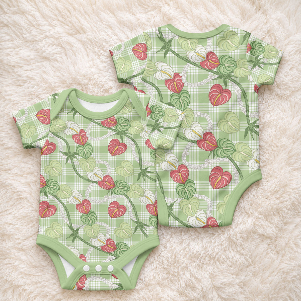 Anthurium Pikake Ti Leaf Palaka Baby Onesie Green Version LT01 - Polynesian Pride