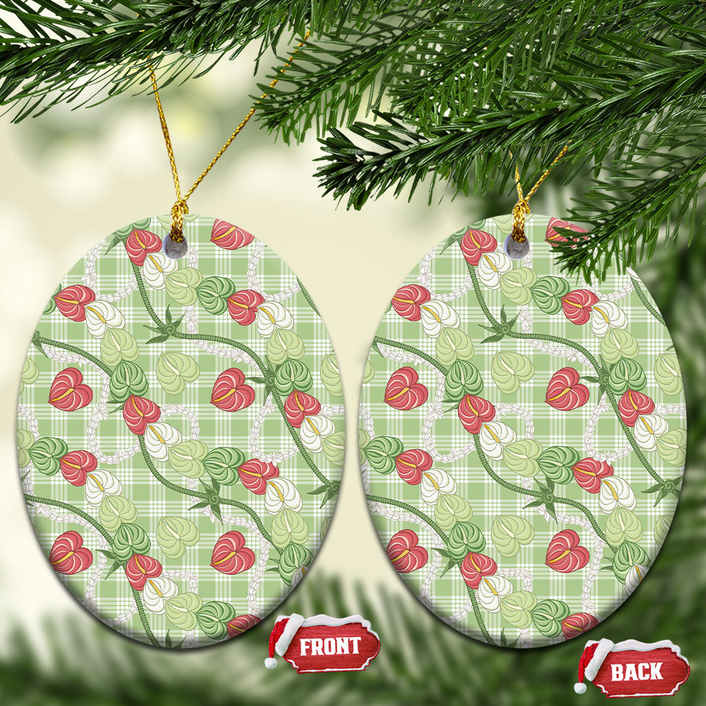 Anthurium Pikake Ti Leaf Palaka Ceramic Ornament Green Version LT01 Oval Green - Polynesian Pride