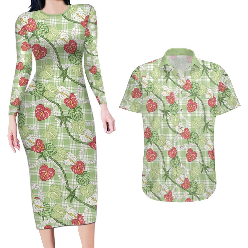 Anthurium Pikake Ti Leaf Palaka Couples Matching Long Sleeve Bodycon Dress and Hawaiian Shirt Green Version