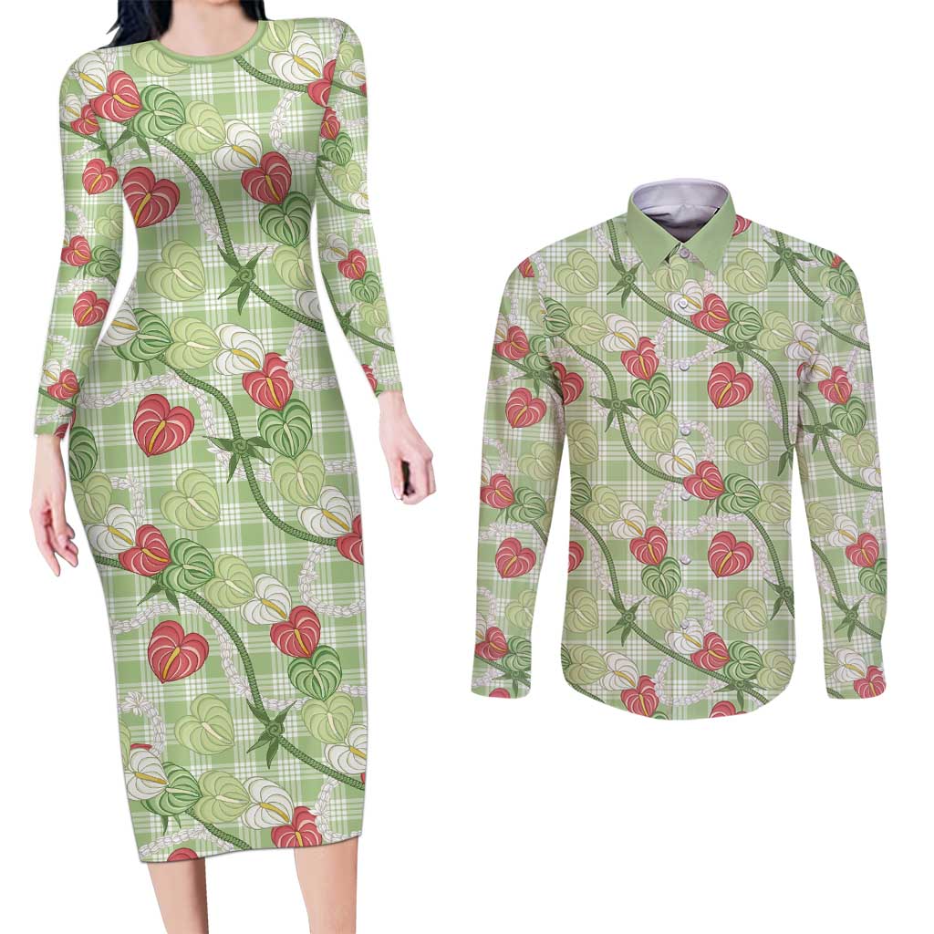 Anthurium Pikake Ti Leaf Palaka Couples Matching Long Sleeve Bodycon Dress and Long Sleeve Button Shirt Green Version