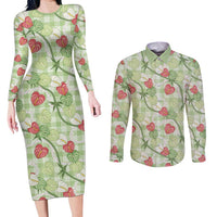 Anthurium Pikake Ti Leaf Palaka Couples Matching Long Sleeve Bodycon Dress and Long Sleeve Button Shirt Green Version