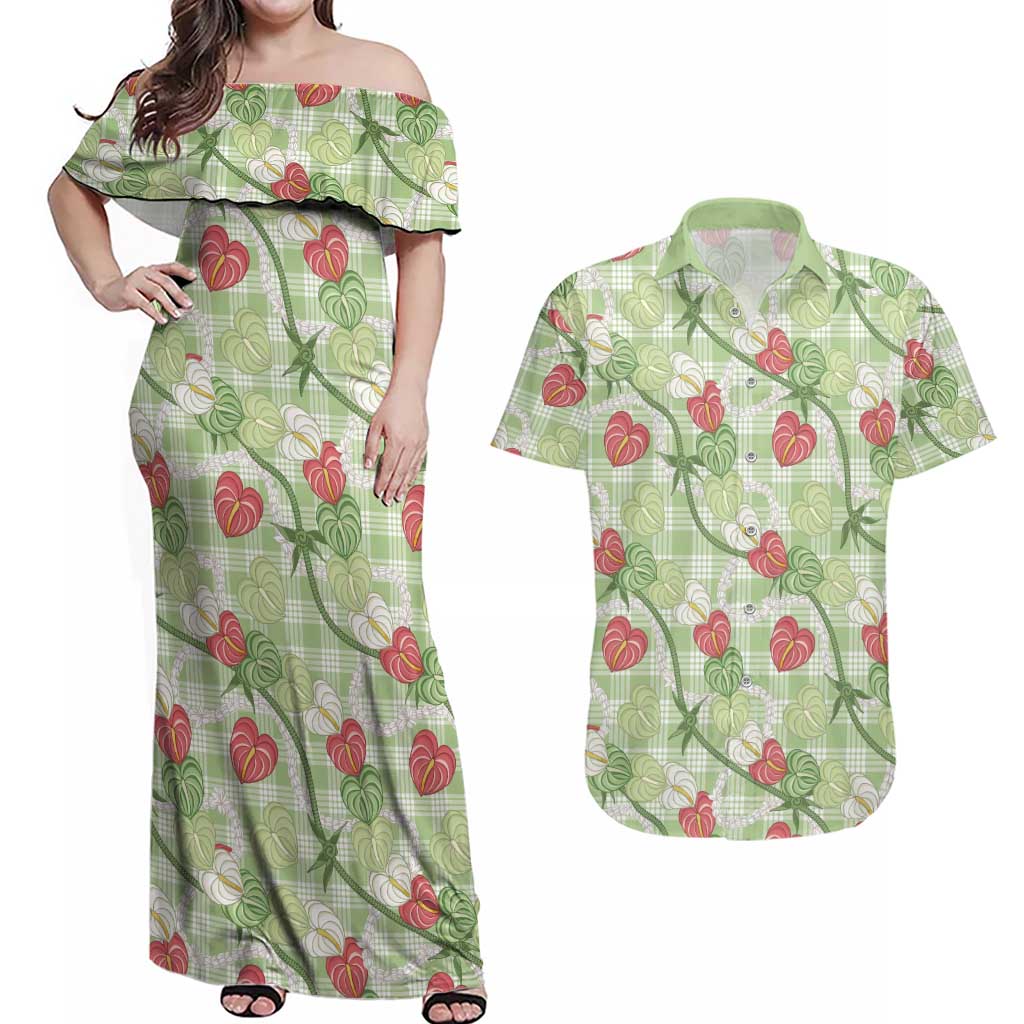 Anthurium Pikake Ti Leaf Palaka Couples Matching Off Shoulder Maxi Dress and Hawaiian Shirt Green Version