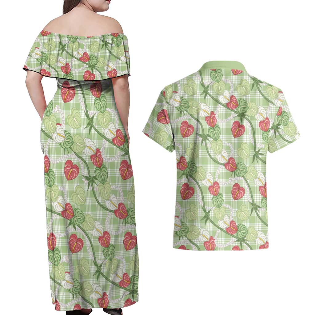 Anthurium Pikake Ti Leaf Palaka Couples Matching Off Shoulder Maxi Dress and Hawaiian Shirt Green Version
