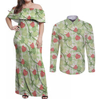 Anthurium Pikake Ti Leaf Palaka Couples Matching Off Shoulder Maxi Dress and Long Sleeve Button Shirt Green Version