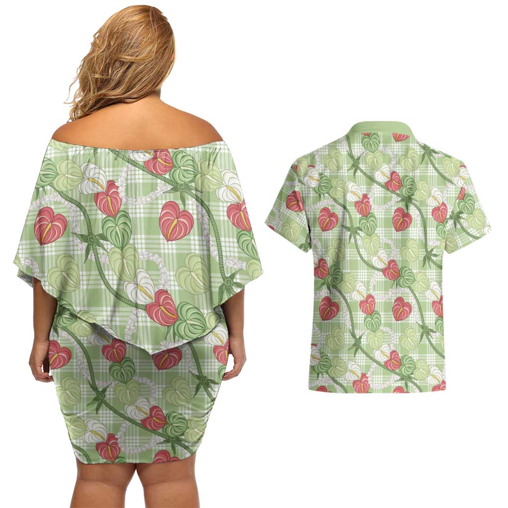 Anthurium Pikake Ti Leaf Palaka Couples Matching Off Shoulder Short Dress and Hawaiian Shirt Green Version