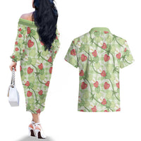 Anthurium Pikake Ti Leaf Palaka Couples Matching Off The Shoulder Long Sleeve Dress and Hawaiian Shirt Green Version