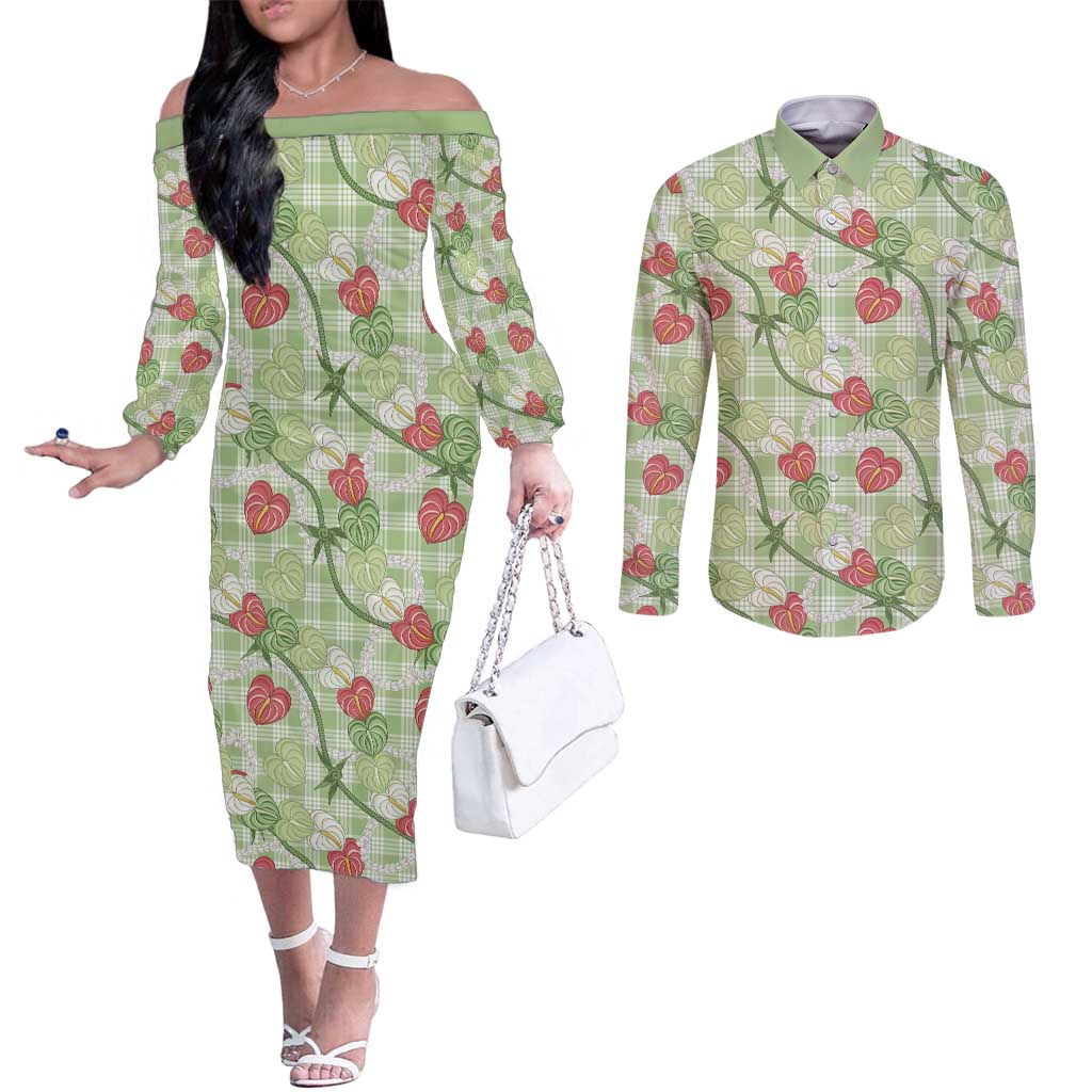 Anthurium Pikake Ti Leaf Palaka Couples Matching Off The Shoulder Long Sleeve Dress and Long Sleeve Button Shirt Green Version