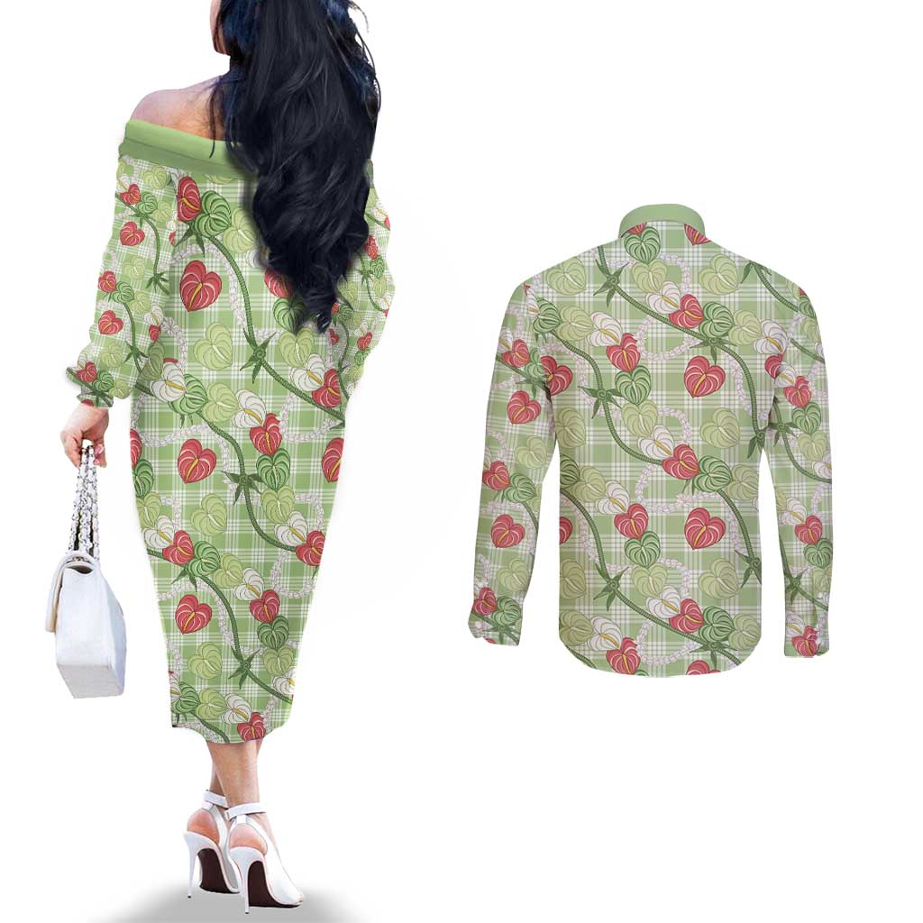 Anthurium Pikake Ti Leaf Palaka Couples Matching Off The Shoulder Long Sleeve Dress and Long Sleeve Button Shirt Green Version