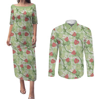 Anthurium Pikake Ti Leaf Palaka Couples Matching Puletasi and Long Sleeve Button Shirt Green Version