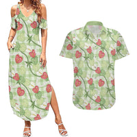 Anthurium Pikake Ti Leaf Palaka Couples Matching Summer Maxi Dress and Hawaiian Shirt Green Version