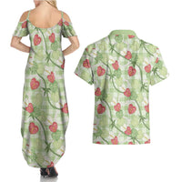 Anthurium Pikake Ti Leaf Palaka Couples Matching Summer Maxi Dress and Hawaiian Shirt Green Version
