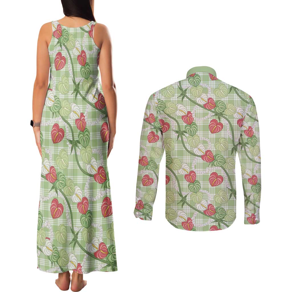 Anthurium Pikake Ti Leaf Palaka Couples Matching Tank Maxi Dress and Long Sleeve Button Shirt Green Version
