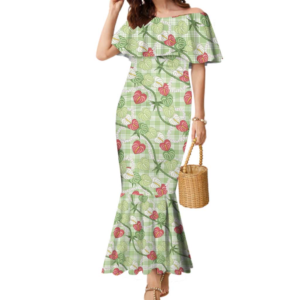 Anthurium Pikake Ti Leaf Palaka Family Matching Mermaid Dress and Hawaiian Shirt Green Version