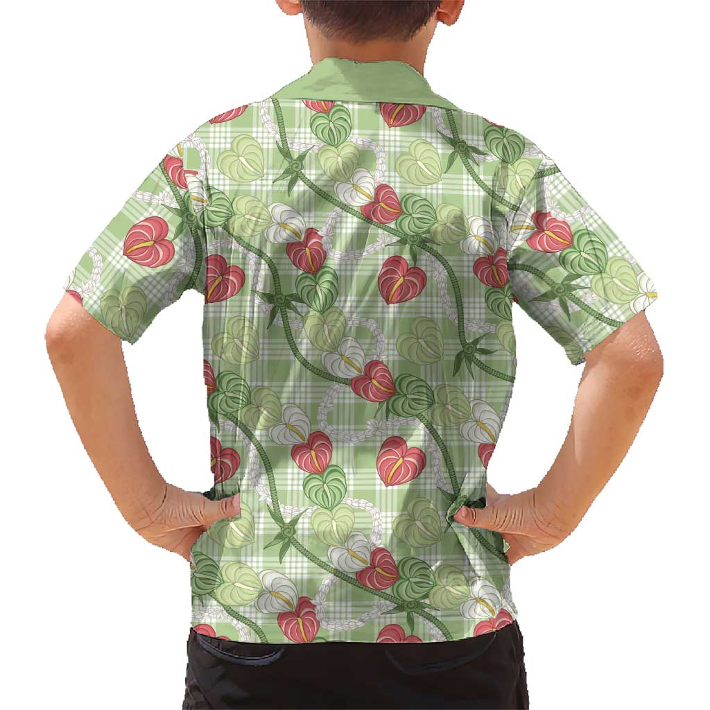 Anthurium Pikake Ti Leaf Palaka Family Matching Off The Shoulder Long Sleeve Dress and Hawaiian Shirt Green Version