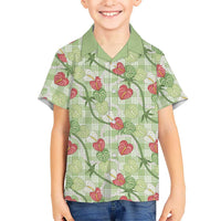 Anthurium Pikake Ti Leaf Palaka Family Matching Off The Shoulder Long Sleeve Dress and Hawaiian Shirt Green Version