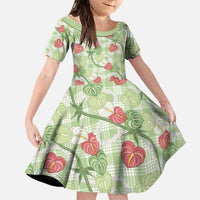 Anthurium Pikake Ti Leaf Palaka Family Matching Off Shoulder Short Dress and Hawaiian Shirt Green Version