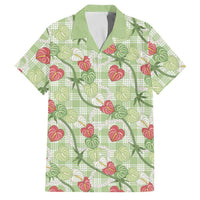Anthurium Pikake Ti Leaf Palaka Family Matching Off Shoulder Short Dress and Hawaiian Shirt Green Version