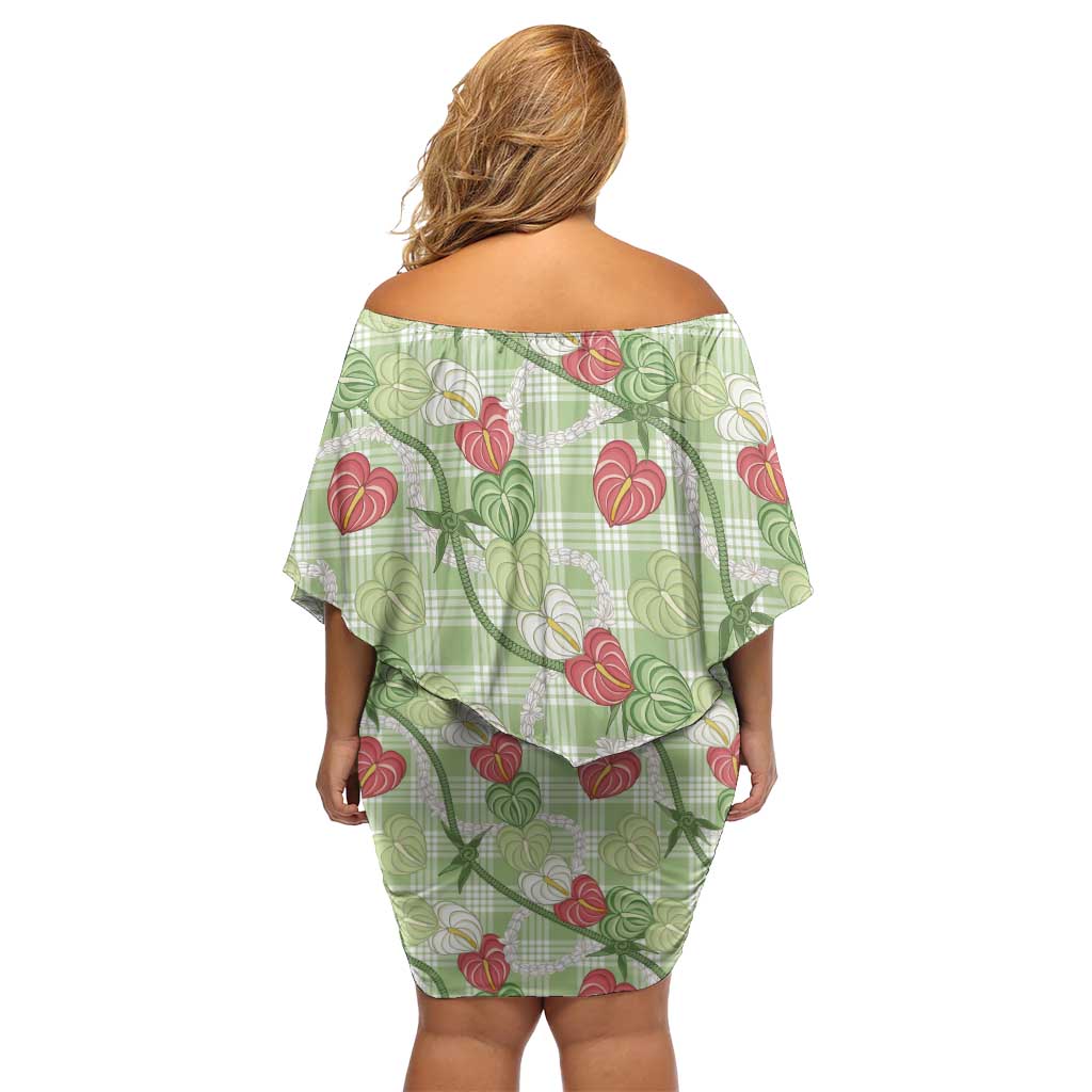 Anthurium Pikake Ti Leaf Palaka Family Matching Off Shoulder Short Dress and Hawaiian Shirt Green Version