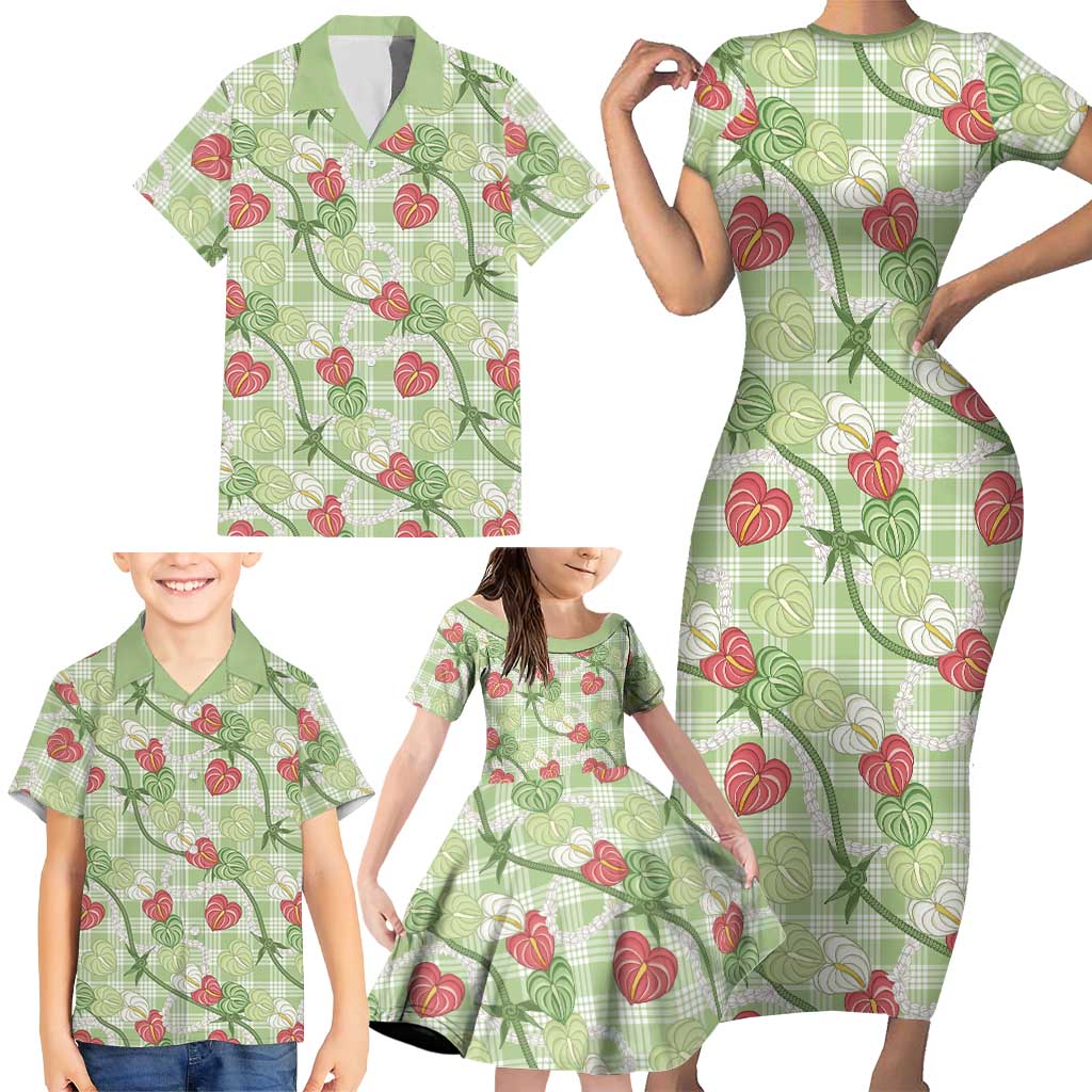 Anthurium Pikake Ti Leaf Palaka Family Matching Short Sleeve Bodycon Dress and Hawaiian Shirt Green Version