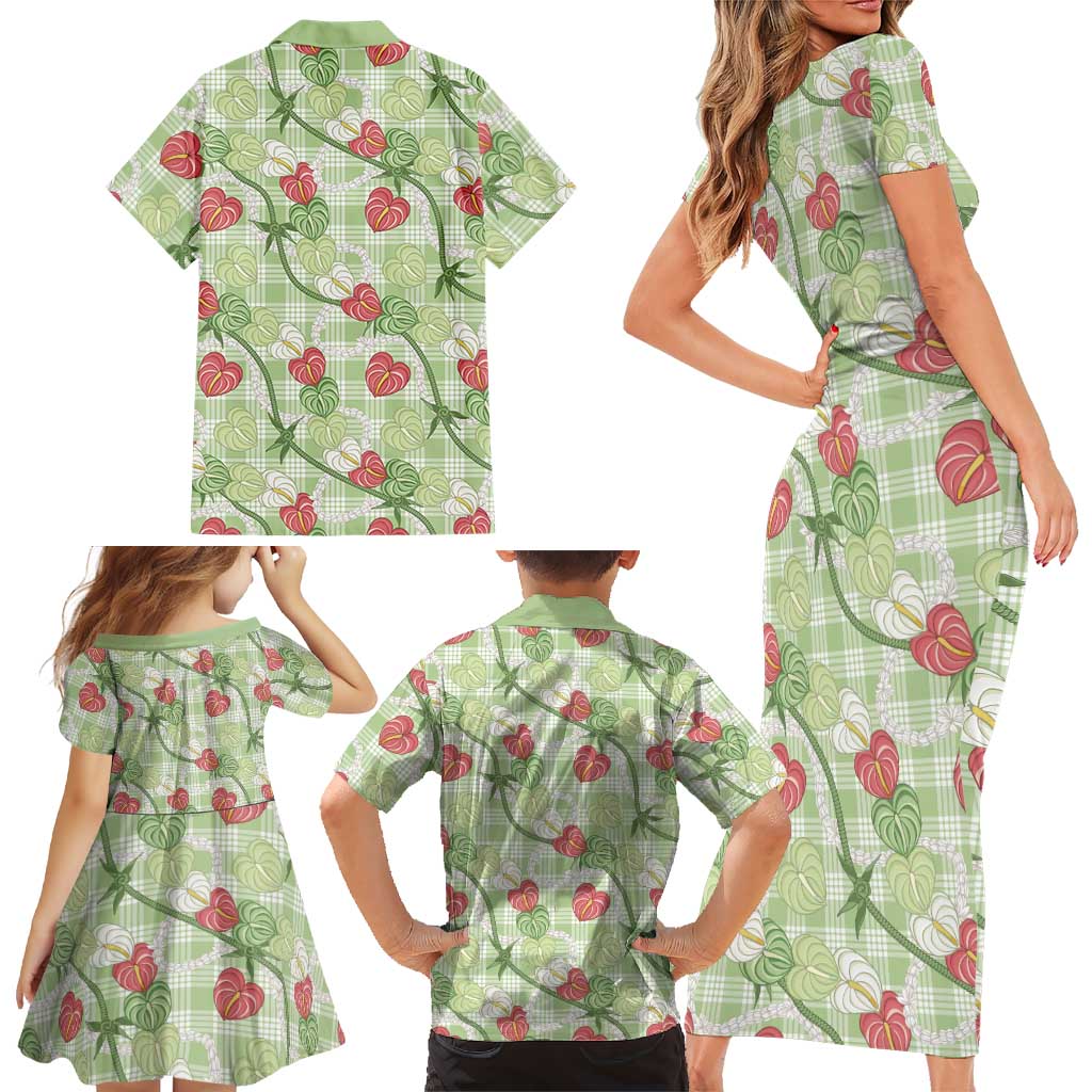 Anthurium Pikake Ti Leaf Palaka Family Matching Short Sleeve Bodycon Dress and Hawaiian Shirt Green Version