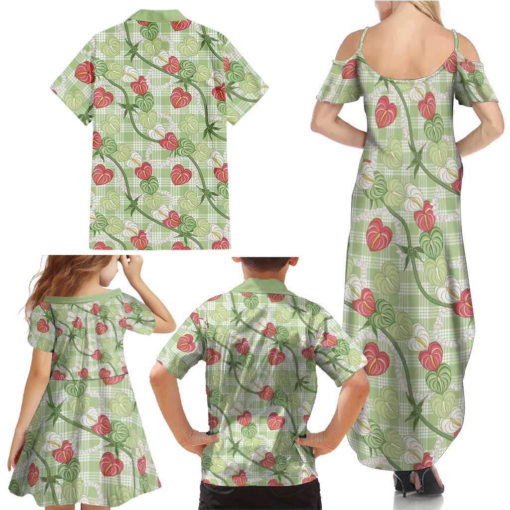 Anthurium Pikake Ti Leaf Palaka Family Matching Summer Maxi Dress and Hawaiian Shirt Green Version