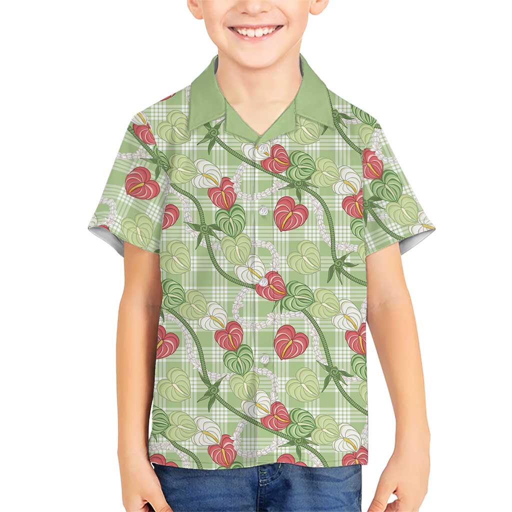 Anthurium Pikake Ti Leaf Palaka Family Matching Summer Maxi Dress and Hawaiian Shirt Green Version